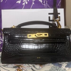 JW PEI Black Croc-Embossed Satchel with Gold Hardware
